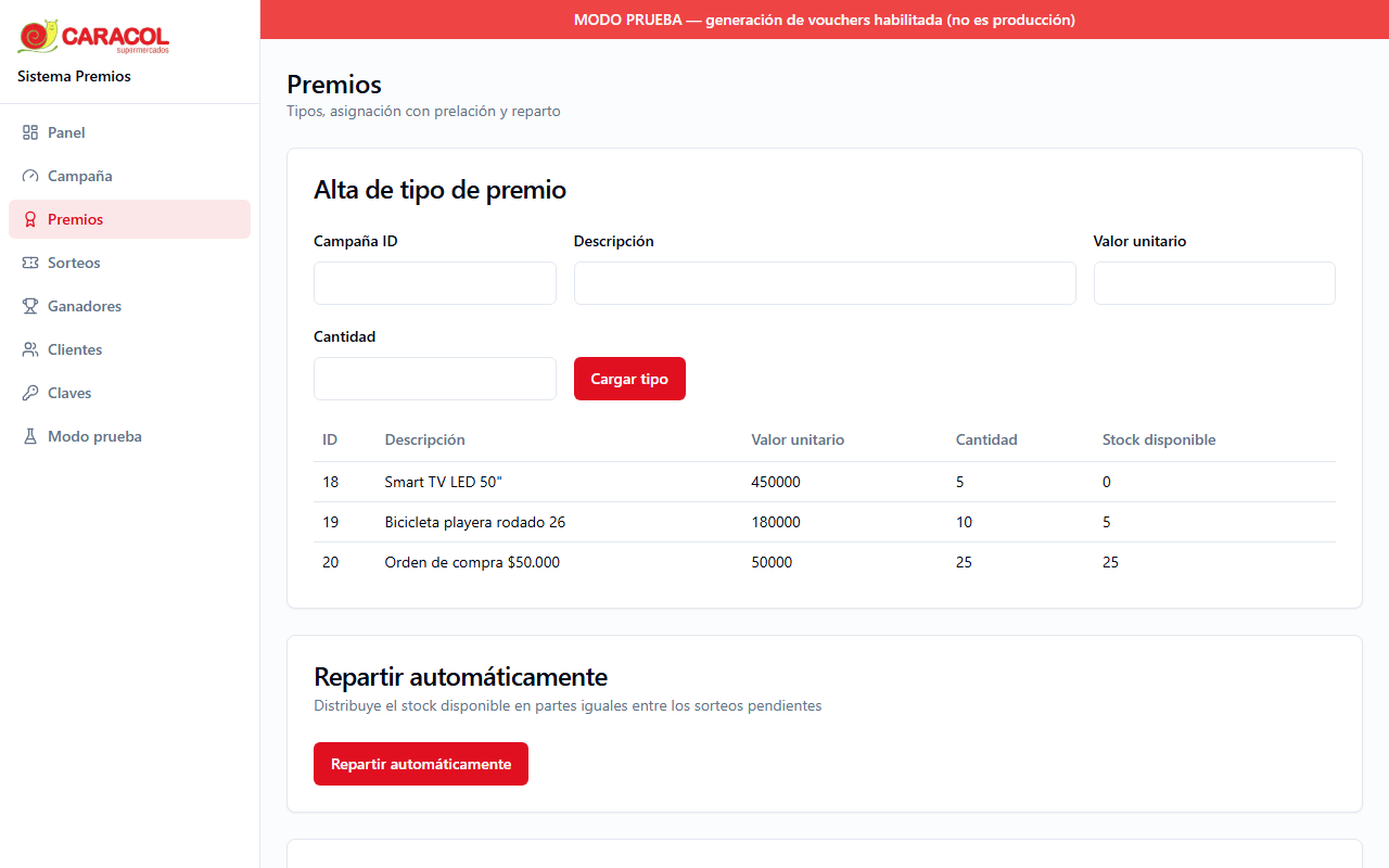 Tipos de premio, stock y asignación