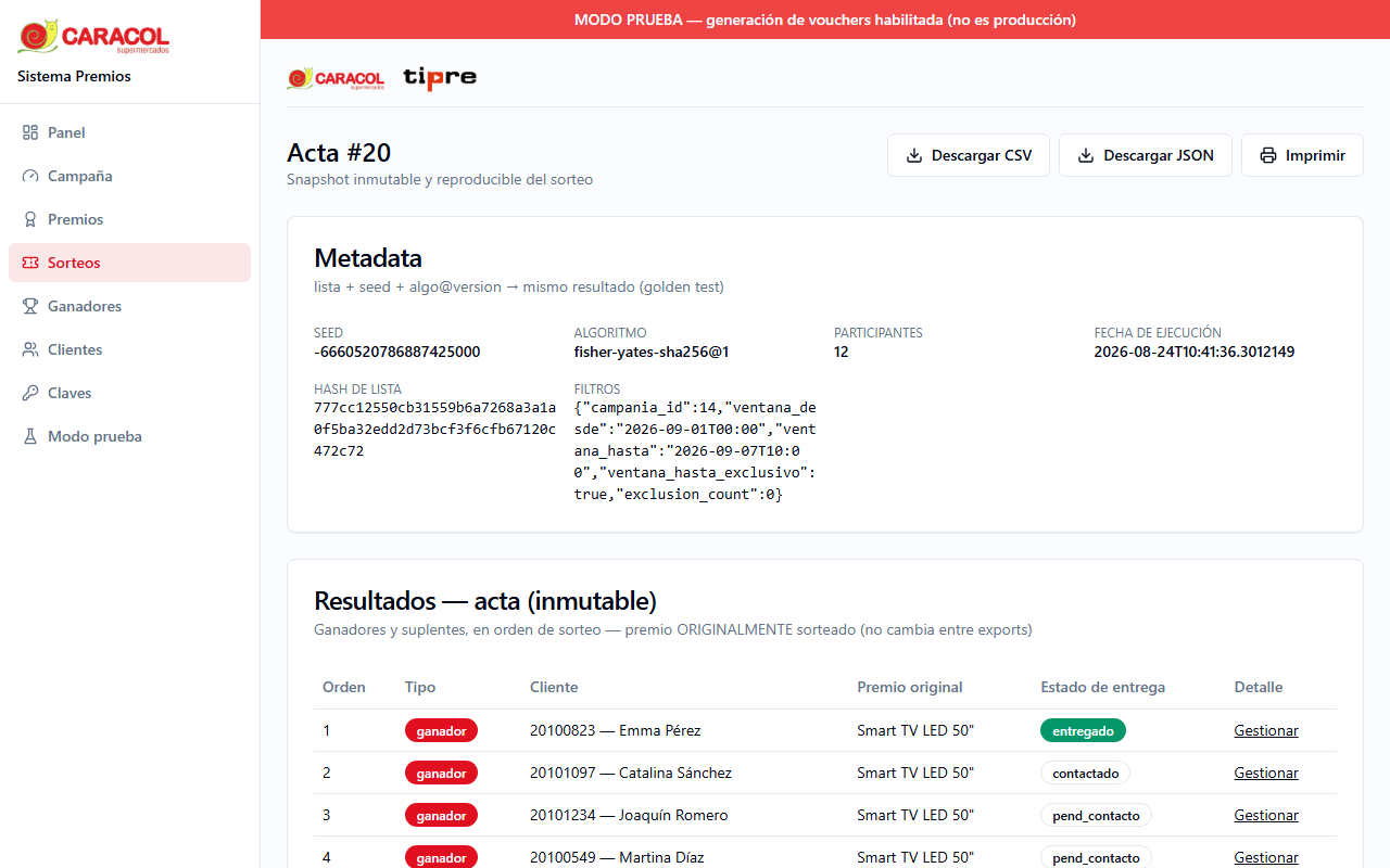 Acta de un sorteo con seed, algoritmo, hash y ganadores
