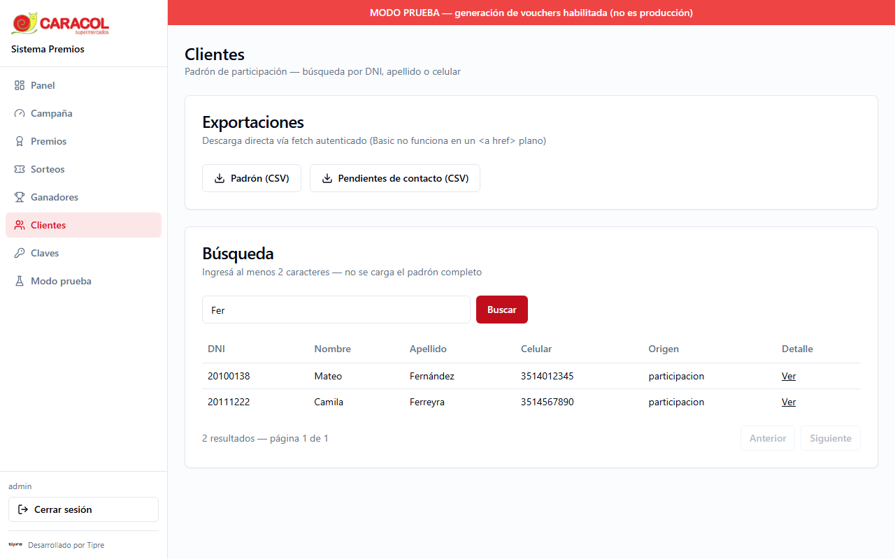 Resultado de una búsqueda de clientes