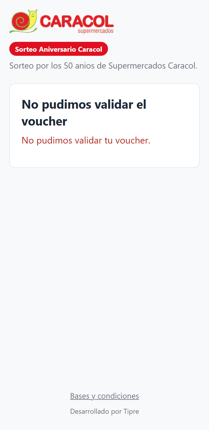 Pantalla de error: no pudimos validar el voucher