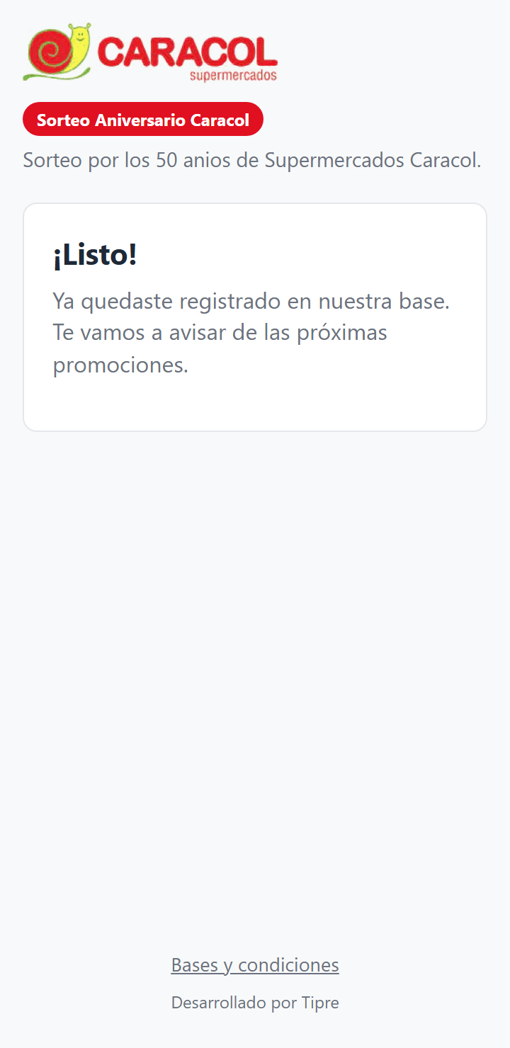 Pantalla: listo, registrado para próximas promociones
