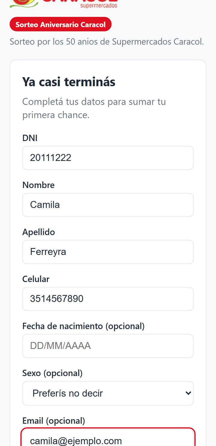 Formulario de alta: nombre, apellido, celular, email